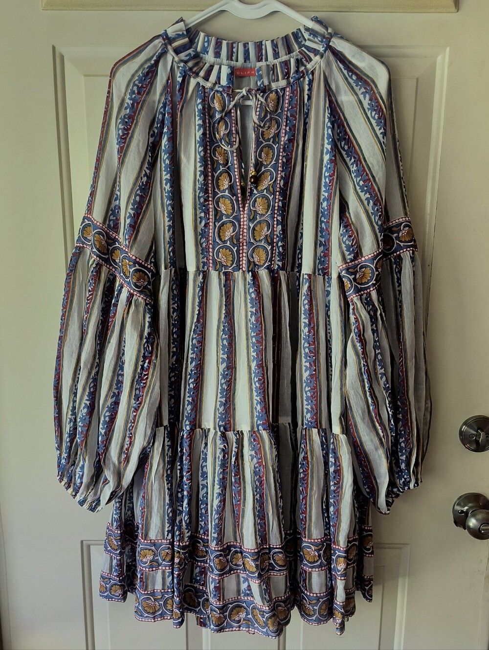 Oliphant Boho Tiered Stripe & Floral Short Tie Front Dress XL White Blue Gold